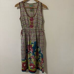 Johnny Was Silk Multicolor Floral Embroidered Sleeveless Midi Dress Waist Tie XS